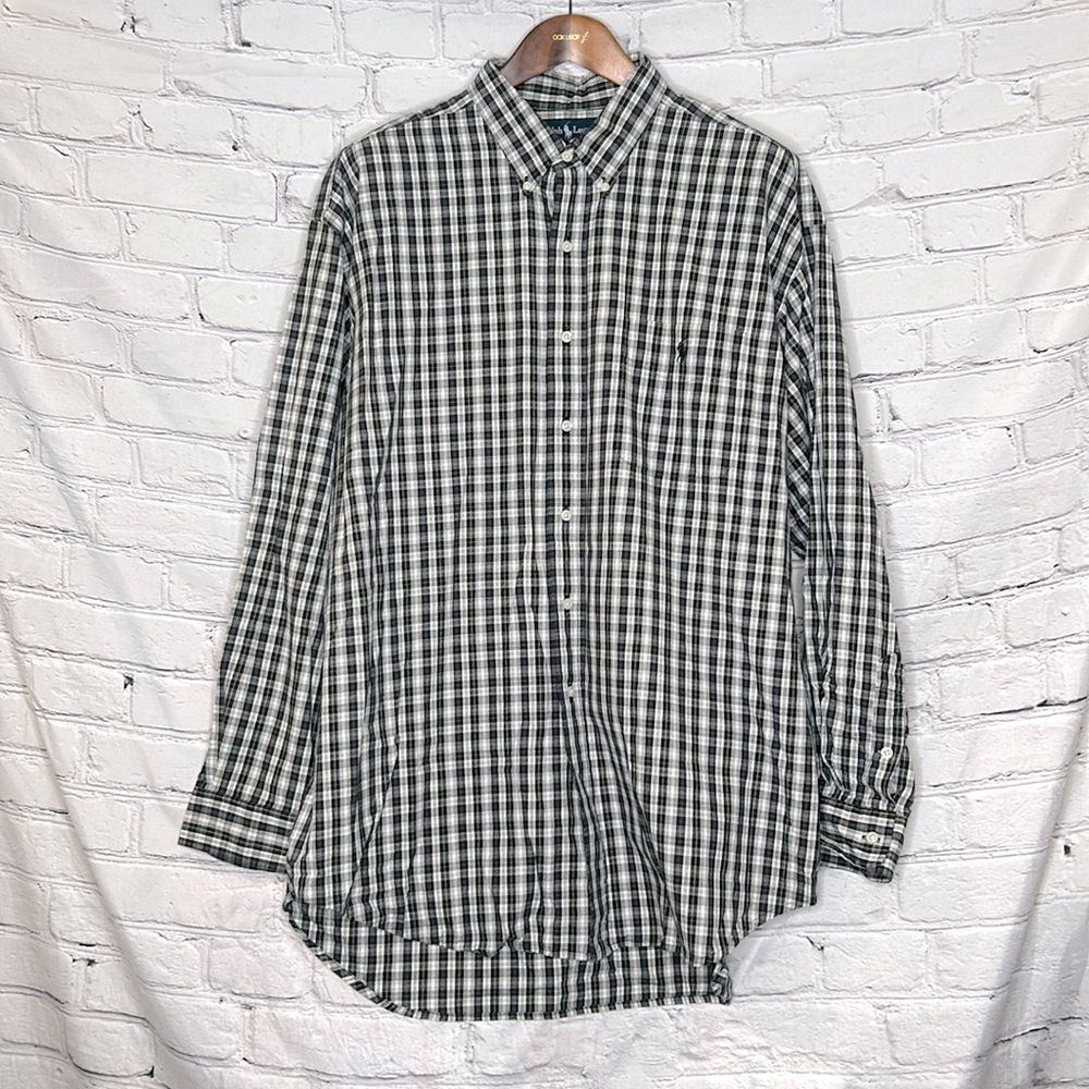 Ralph Lauren Big Shirt Green Cream Plaid Long Sleeve Button Down Size X-Large